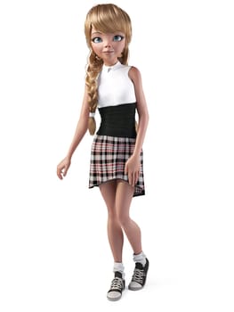 3D rendering of a cute smiling teenage cartoon girl wearing a cool dress. White background.