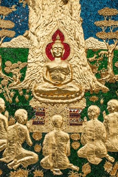 Buddha teachings mosaic green blue gold vibrant architecture