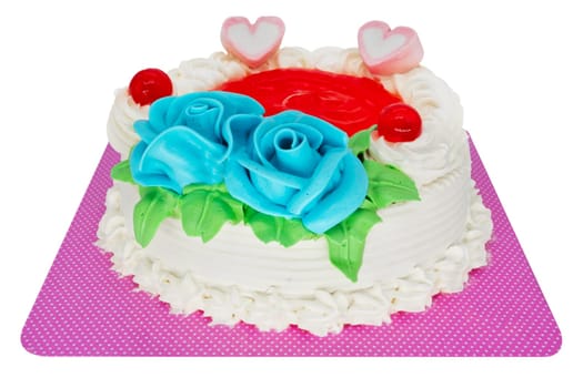 Cake with marzipan rose isolated,homemade dessert with pruning path