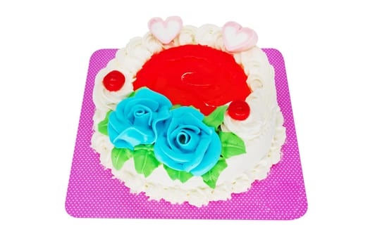 Cake with marzipan rose isolated,homemade dessert with pruning path