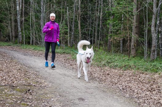 Woman with a dog on a run in the park