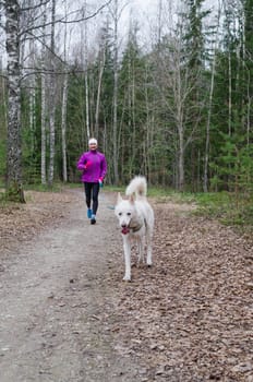 Woman with a dog on a run in the park