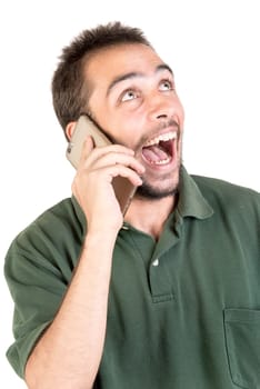 young man with cellphone doing funny faces isolated in white
