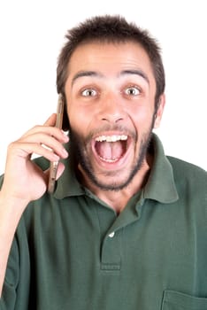 young man with cellphone doing funny faces isolated in white