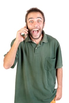 young man with cellphone doing funny faces isolated in white