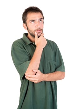 young man thinking isolated in a white background