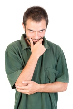 young man making creepy faces isolated in white