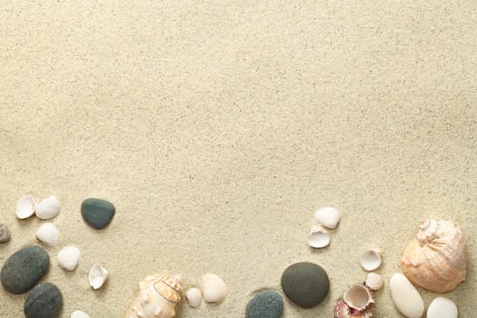 sand,beach background with shells and stones. copy space. top view