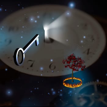 Surreal Time Composition. Key and shining light from keyhole. Tree surrounded by ring of fire