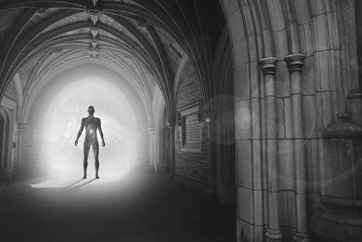 Messenger from other worlds. Human silhouette with universe inside stands in gothic archway with light illuminating the path.