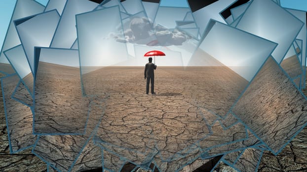 Man in desert with red umbrella and single cloud