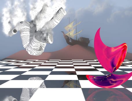 Surreal composition. Pink matter on chessboard, ancient ship on sand dune and falling paper man