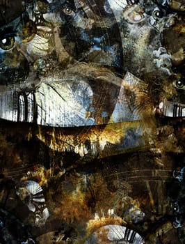 Grunge Dark Textured Manhattan Bridge Abstract. Clock face and eyes. 3D rendering