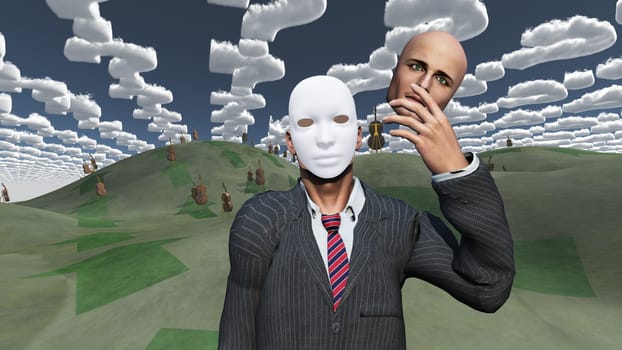 Man removes face to reveal mask underneath in surreal landscape