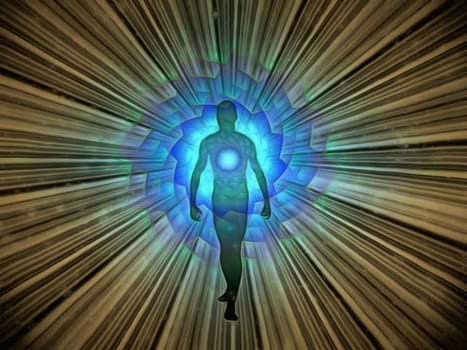Man's silhouette with rays of light.