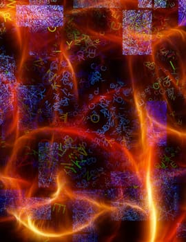 Swirling glowing lines like a flames. Letters on background