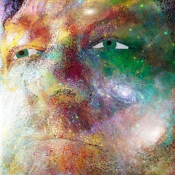 Surrealism. Man's face on deep space background.