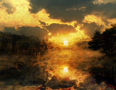 Orange sunset. Forest lake