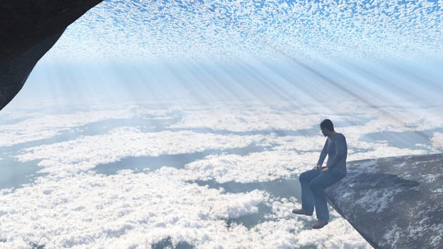 Man sits on the edge of cliff.
