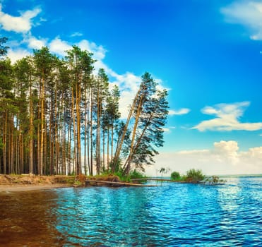 Panoramic view of the Kama river at summer sunny day.