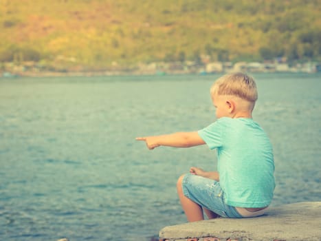 Cute caucasian boy pointing at seaside. Rear view. Leisure time