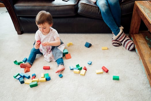 Little girl is sitting on the carpet in the living room playing with toy blocks. Her mother is sitting on the sofa behind her.