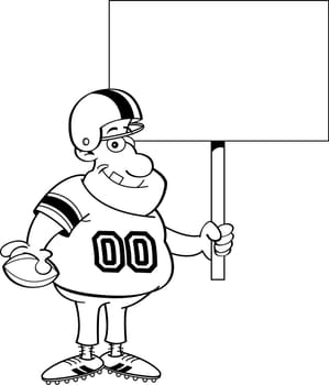 Black and white illustration of a football player holding a sign.