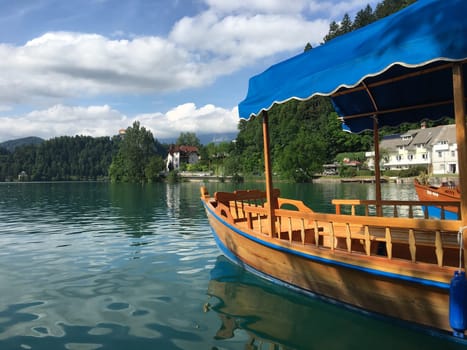 Traditional Pletna boats on the Lake Bled in Slovenia