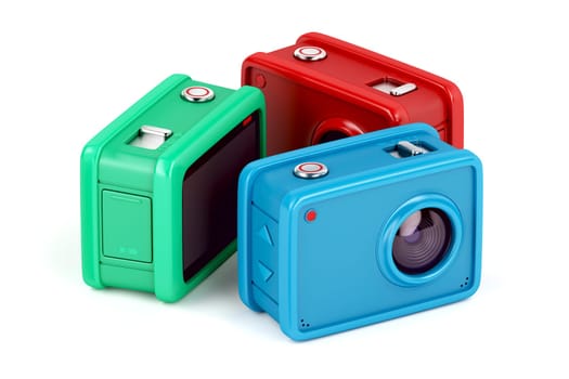 Three action cameras with different colors on white background