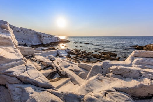 Aegean seashore and marble rocks in Aliki, Thassos island, Greece