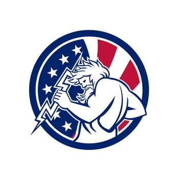 Icon retro style illustration of Greek god Zeus, god of sky and thunder holding thunderbolt with United States of America USA star spangled banner stars and stripes flag in circle isolated background...