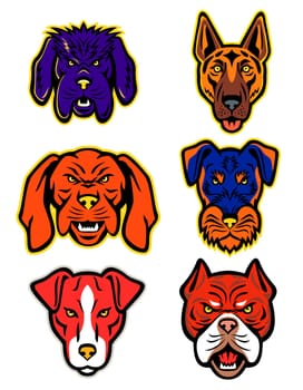 Mascot icon illustration set of heads of working or hunting dogs like the German Shepherd, Hungarian Vizsla, Jagdterrier, Newfoundland Dog, Plummer Terrier and Red Tiger Bulldog  viewed from  on isolated background in retro style.