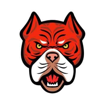 Mascot icon illustration of head of an angry Red Tiger Bulldog, an American dog breed with red nose viewed from front on isolated background in retro style.