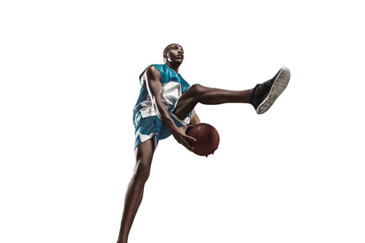 Full length portrait of a basketball player with a ball isolated on white studio background. advertising concept