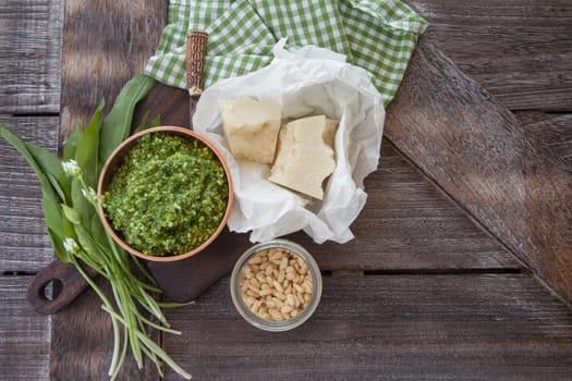 Homemade pesto with fresh baerlauch and Parmesan cheese