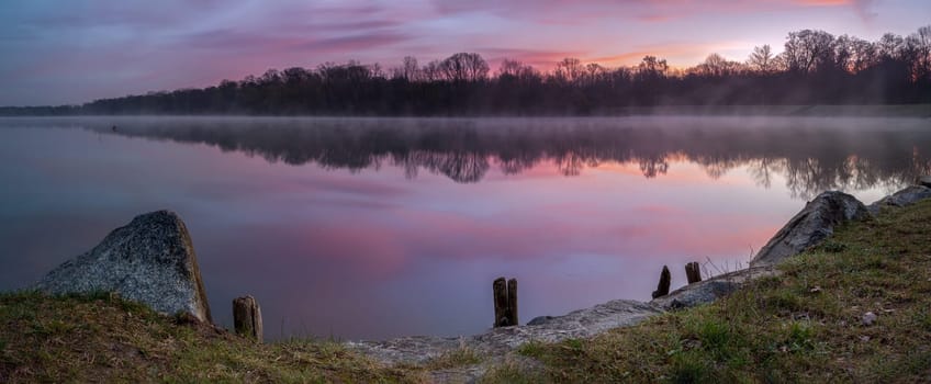 lake,sunset,sunrise,sunset,dusk,dawn,dusk,dawn,dawn,foggy,reflection,water reflection,water surface,shore,forest,trees,landscape,panorama,rural,lonely,nature