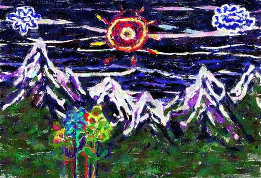 Abstract painting, mountain landscape with flowers