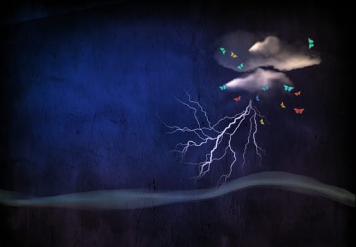 Minimalist Landscape with storm cloud and butterflies