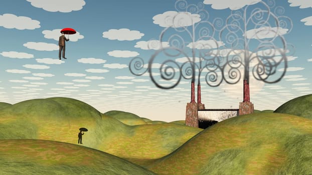 Fantastic landscape with man floating in sky under umbrella