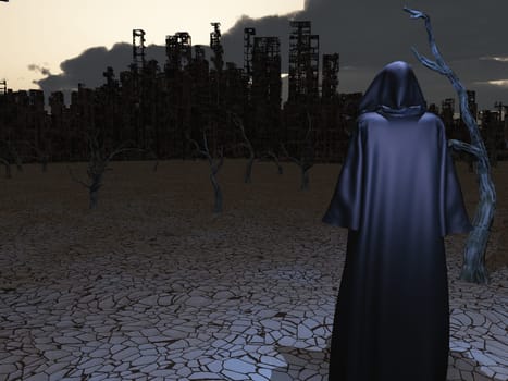 Traveler. Robed Figure Before Destroyed City
