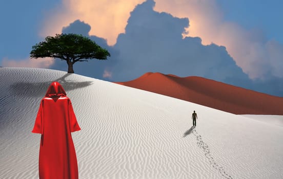 Pilgrim. Figure in cloak stands in desert. Man in a distance. Green tree. Cloudy sky