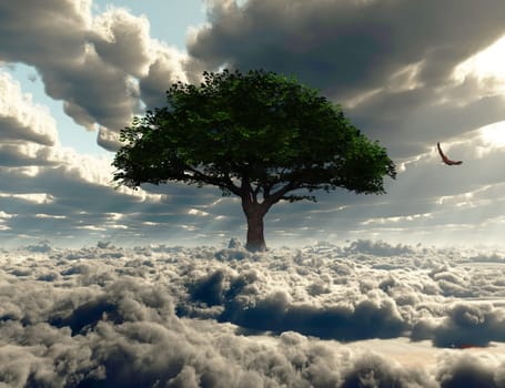 Green tree on a field of clouds. Eagle in the sky