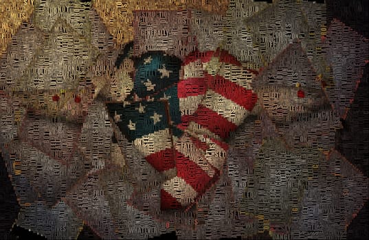 Heart with stars and stripes, pinned wings. Image composed entirely of text