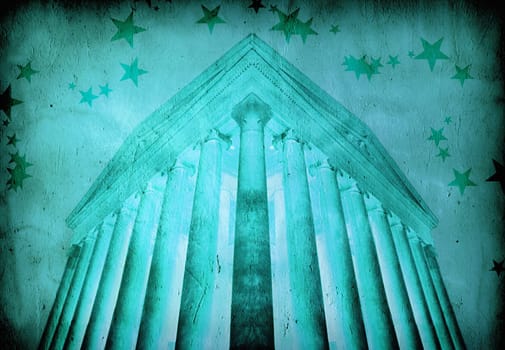 Temple in ancient greek style. Background with rays