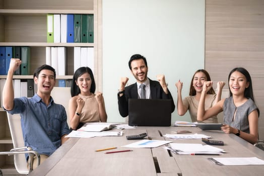 Business people happy after signing agreement in office, successful teamwork concept