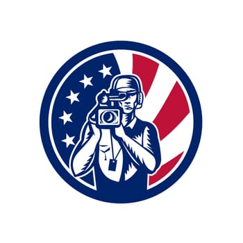 Icon retro style illustration of an American cameraman or camera operator for motion pictures, film or television with United States of America USA star spangled banner flag inside circle.