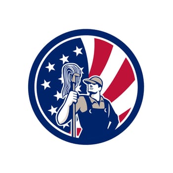Icon retro style illustration of an American professional industrial cleaner or cleaning services worker holding mop with United States of America USA star spangled banner flag inside circle.