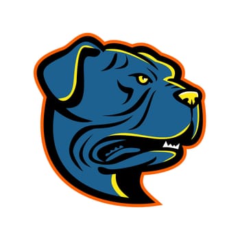 Mascot icon illustration of head of a Leavitt Bulldog looking up viewed from side on isolated background in retro style.