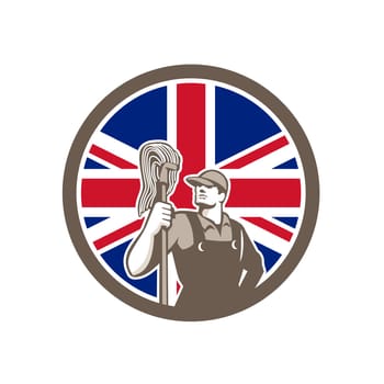 Icon retro style illustration of a British professional industrial cleaner or cleaning services worker holding mop with United Kingdom UK, Great Britain Union Jack flag set inside circle..