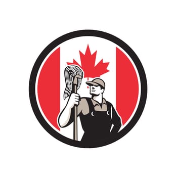 Icon retro style illustration of a Canadian professional industrial cleaner or cleaning services worker holding mop with Canada maple leaf flag set inside circle on isolated background.